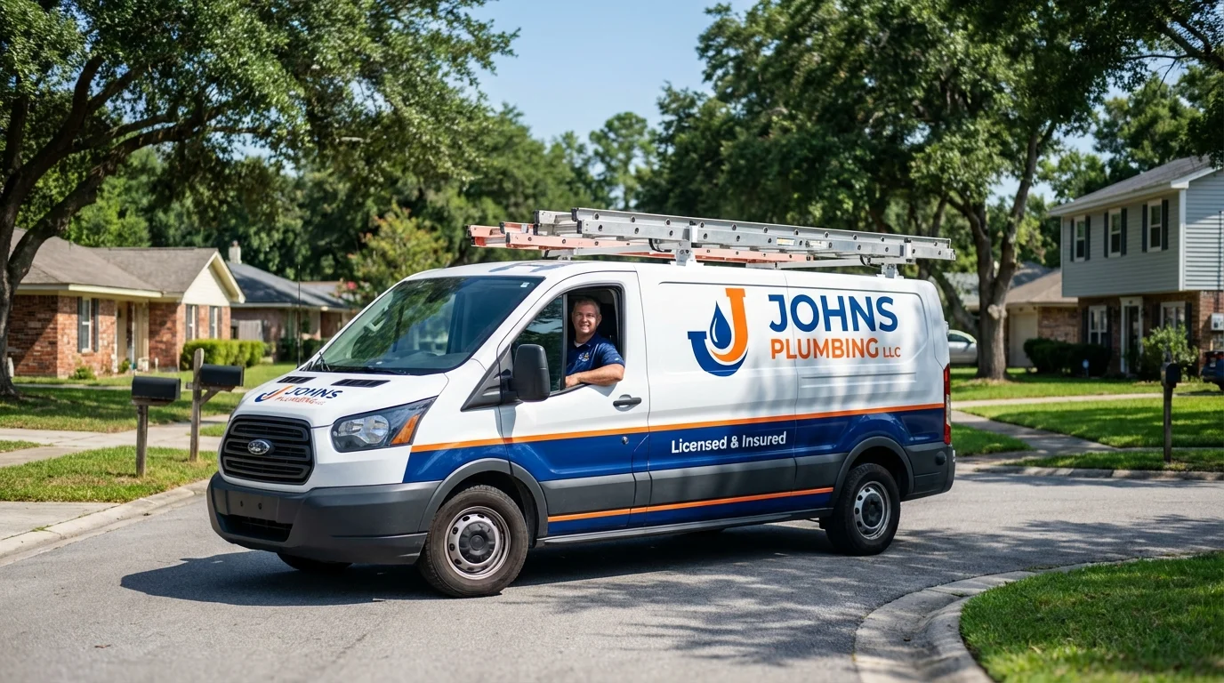 Johns Plumbing LLC service van in Mont Belvieu, TX