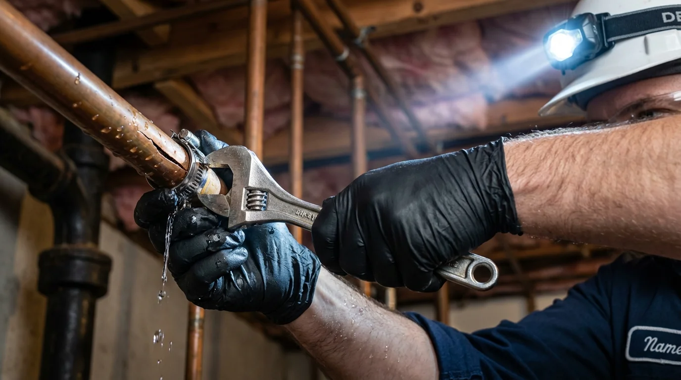 Emergency pipe clamp repair being performed by a Johns Plumbing LLC plumber in Mont Belvieu