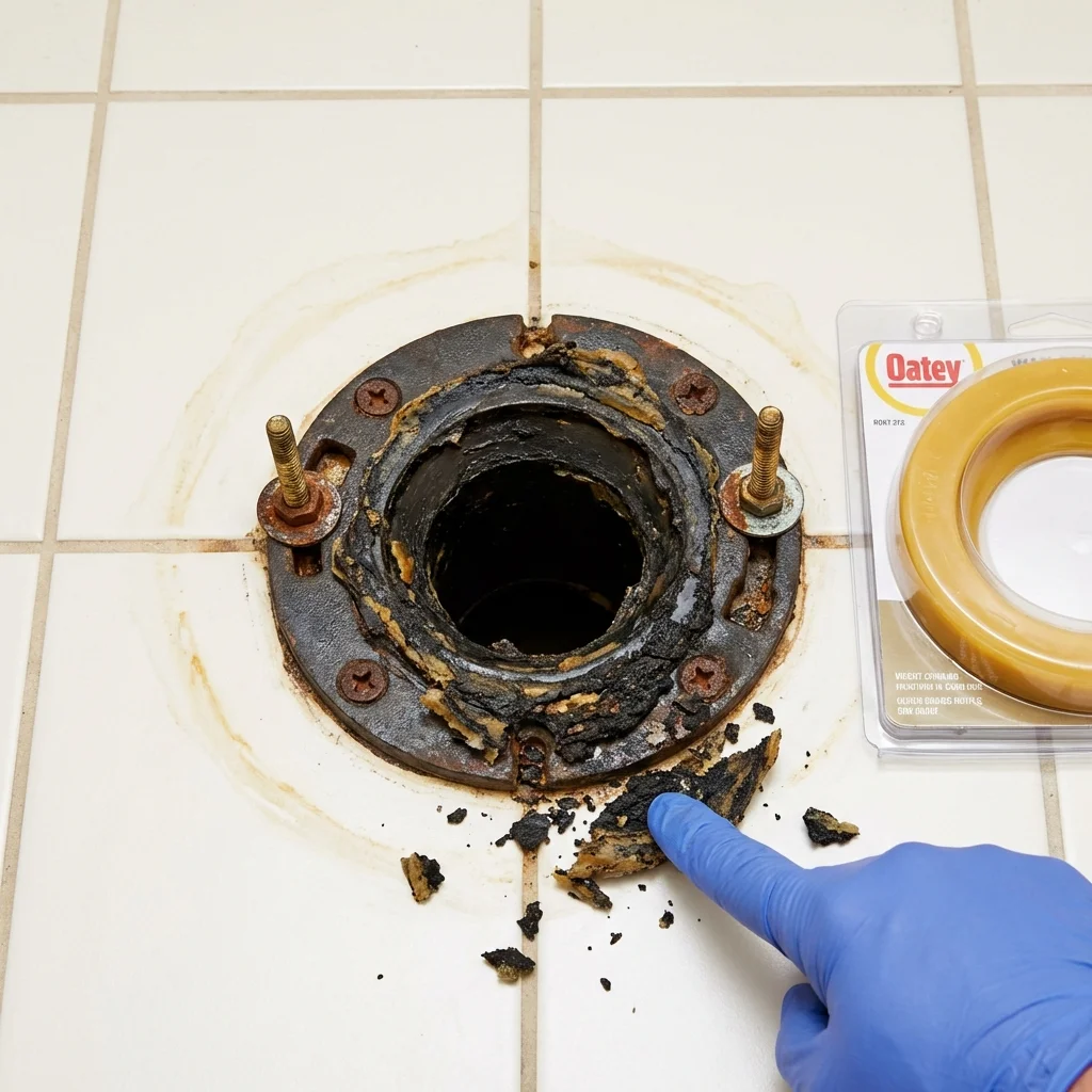 Failed wax ring showing water seepage at the base of a toilet in a Mont Belvieu, TX home