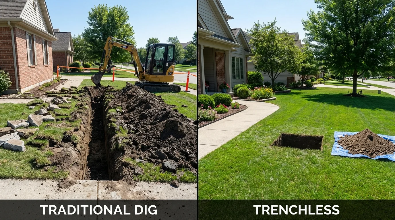 Trenchless sewer repair with minimal yard damage versus traditional excavation in Mont Belvieu, TX