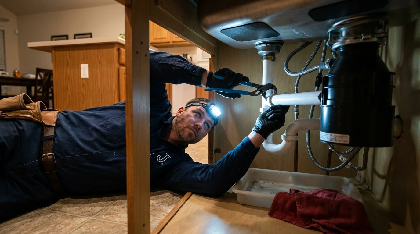 P-trap and supply line connections under a kitchen sink showing a common leak point in Mont Belvieu, TX